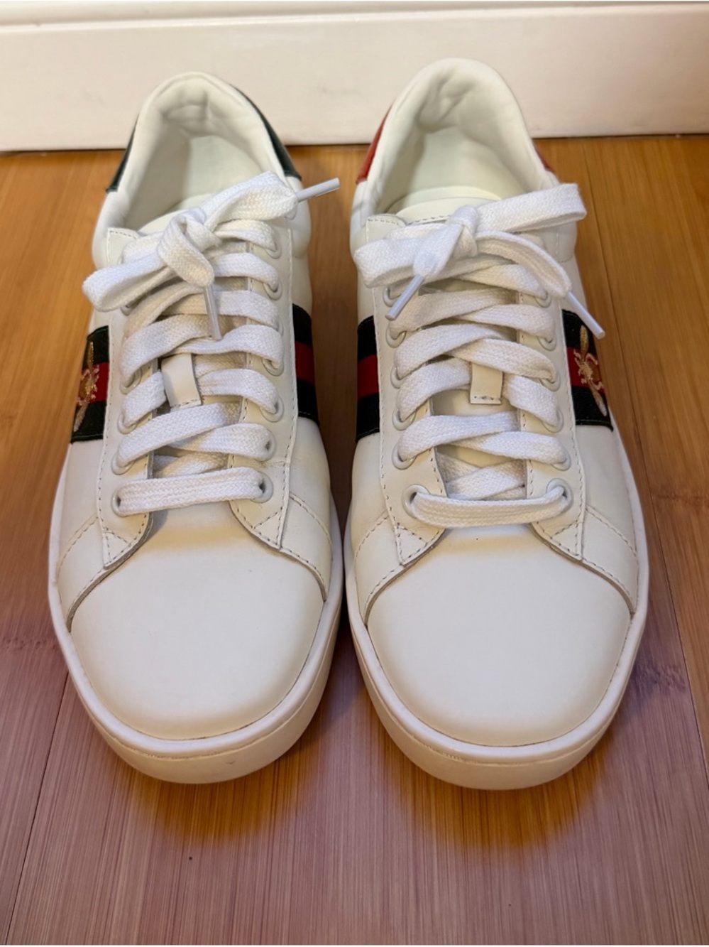 White Leather Sneakers with Red & Green Stripe Detail